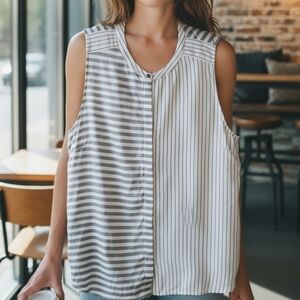 St. John Striped Cotton Blend Top In Black And Cream Size XL